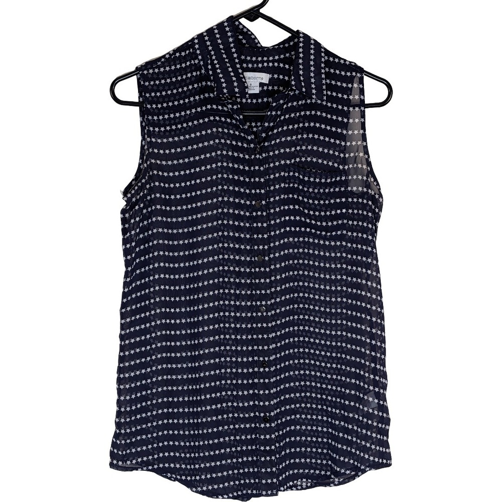 Liz Claiborne Womens Small Navy Blue Star Print Sleeveless‎ Sheer Shirt